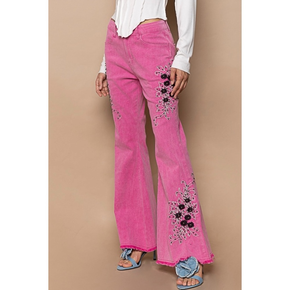POL Pink Embroidered Western Flare Jeans | Beaded Studded Stretch Denim - Picture 6 of 7